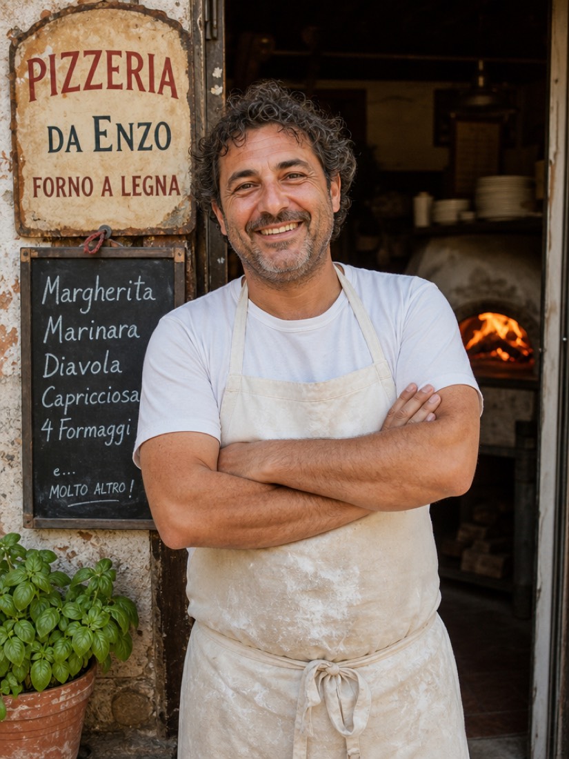 Los hermanos calabreses junto al horno de leña